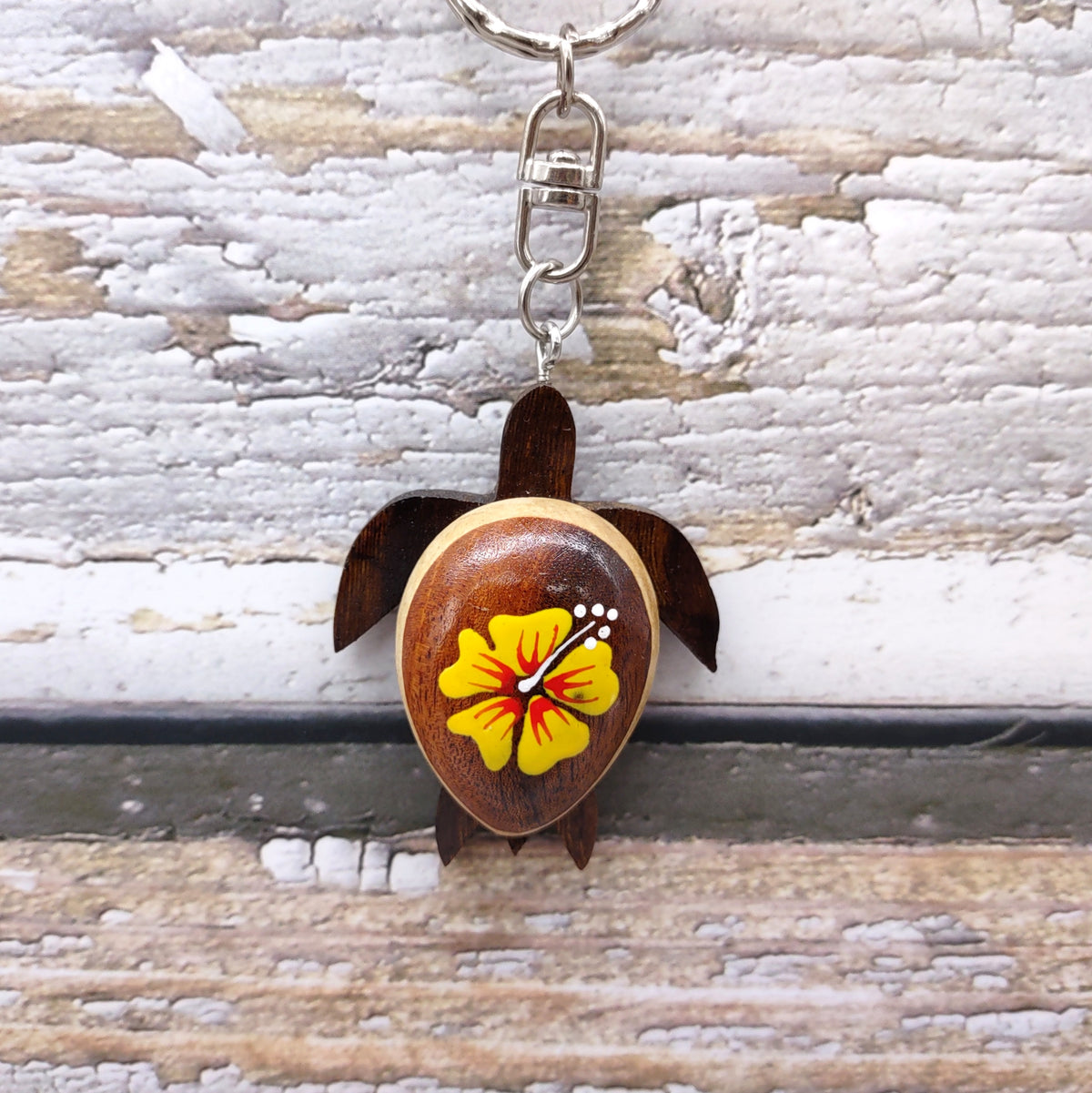 Yellow Hibiscus Painted Wooden Sea Turtle Keychain (1 key fob approx. 4.25+ inches) Wooden Sea Turtle Keychain for gifting or party favors!