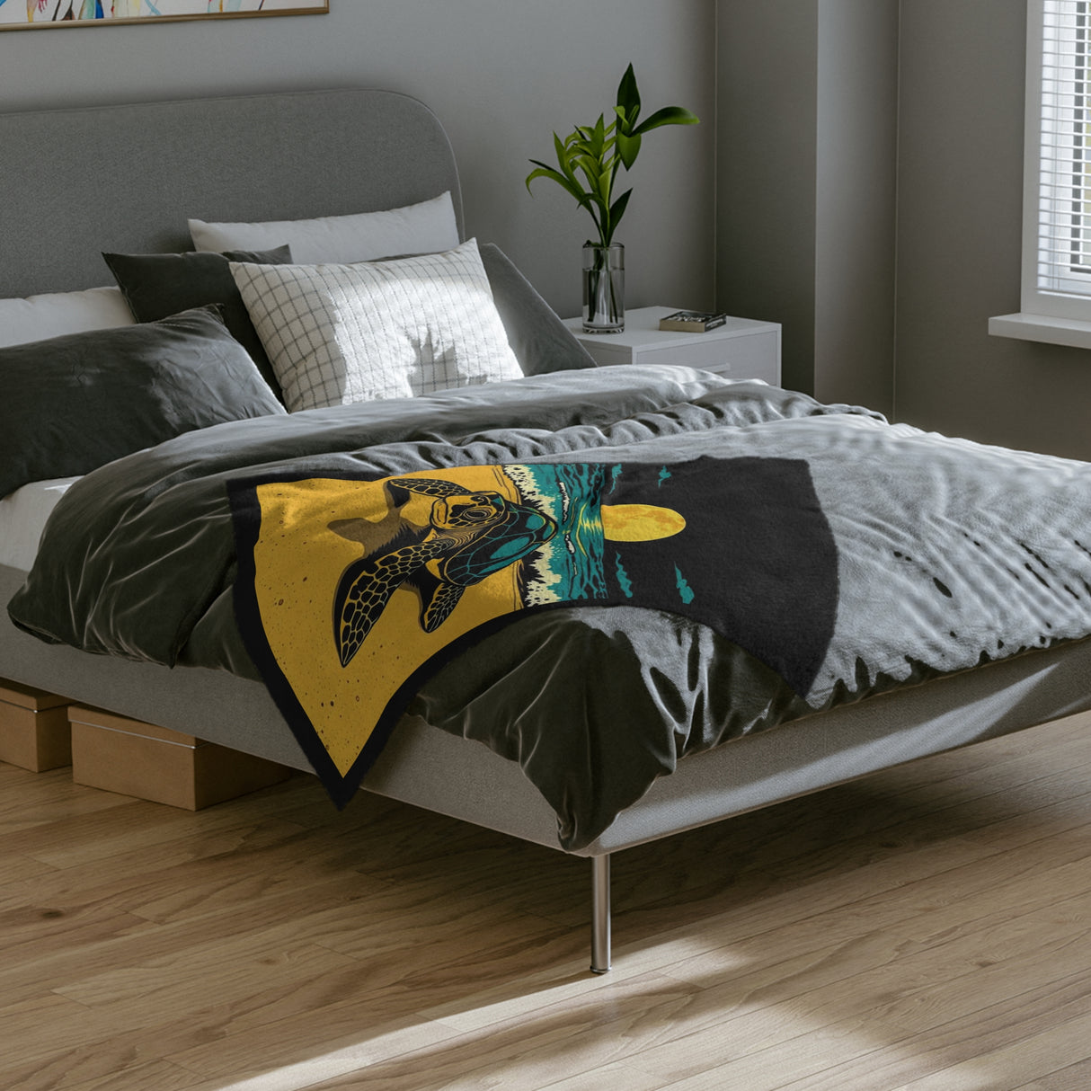 Black Gold Teal Sea Turtle-Themed Velveteen Microfiber Blanket - 3 Sizes