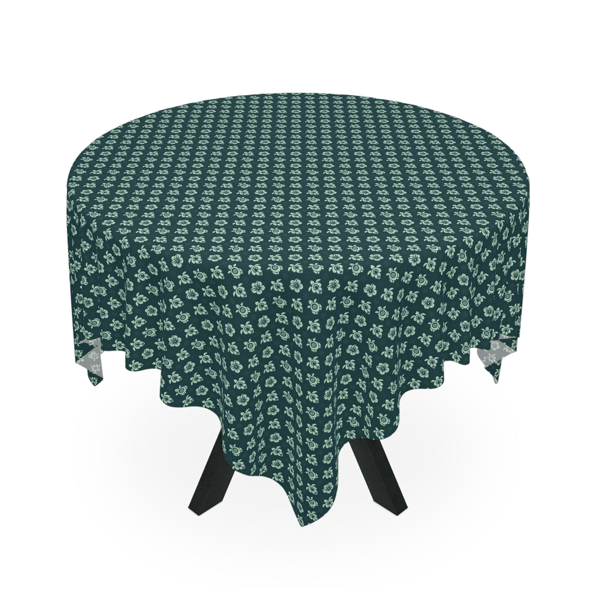 Dark Teal Sea Turtle and Floral Print Tablecloth