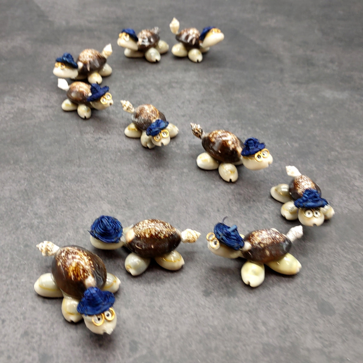 Cowrie Shell Sea Turtle Figurines Dark Blue Hat (3 figures approx. 2+ inches) Cute Cowrie Seashell Sea Turtles for gifts decor & display!