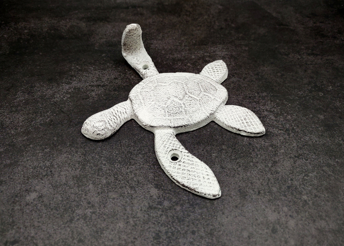 Cast Iron Antique White Sea Turtle Wall Hook (1 cast iron hook approx. 6+ inches) Functional Sea Turtle Wall Hanger for coastal home decor!