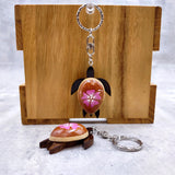 Pink Hibiscus Painted Wooden Sea Turtle Keychain (1 keychain approx. 4.25+ inches) Wooden Sea Turtle Key Fob for gifting or party favors!