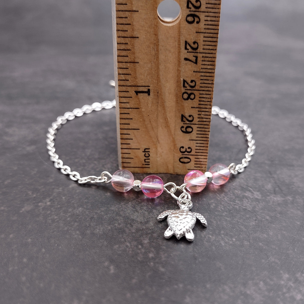 Sea Turtle Anklet Light Pink Beads Silver Color (approx. 9+ inches AROUND) Cute Pink Sea Turtle Charm Anklet for any beachy outfit!