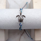 Sea Turtle Charm Bracelet Dark and Light Blue White Cord (approx. 5-7+ inches AROUND) Navy and Baby Blue Sea Turtle String Bracelet to gift!