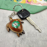 Green Hibiscus Painted Wooden Sea Turtle Keychain (1 keychain approx. 4.25+ inches) Wooden Sea Turtle Key Fob for gifting or party favors!