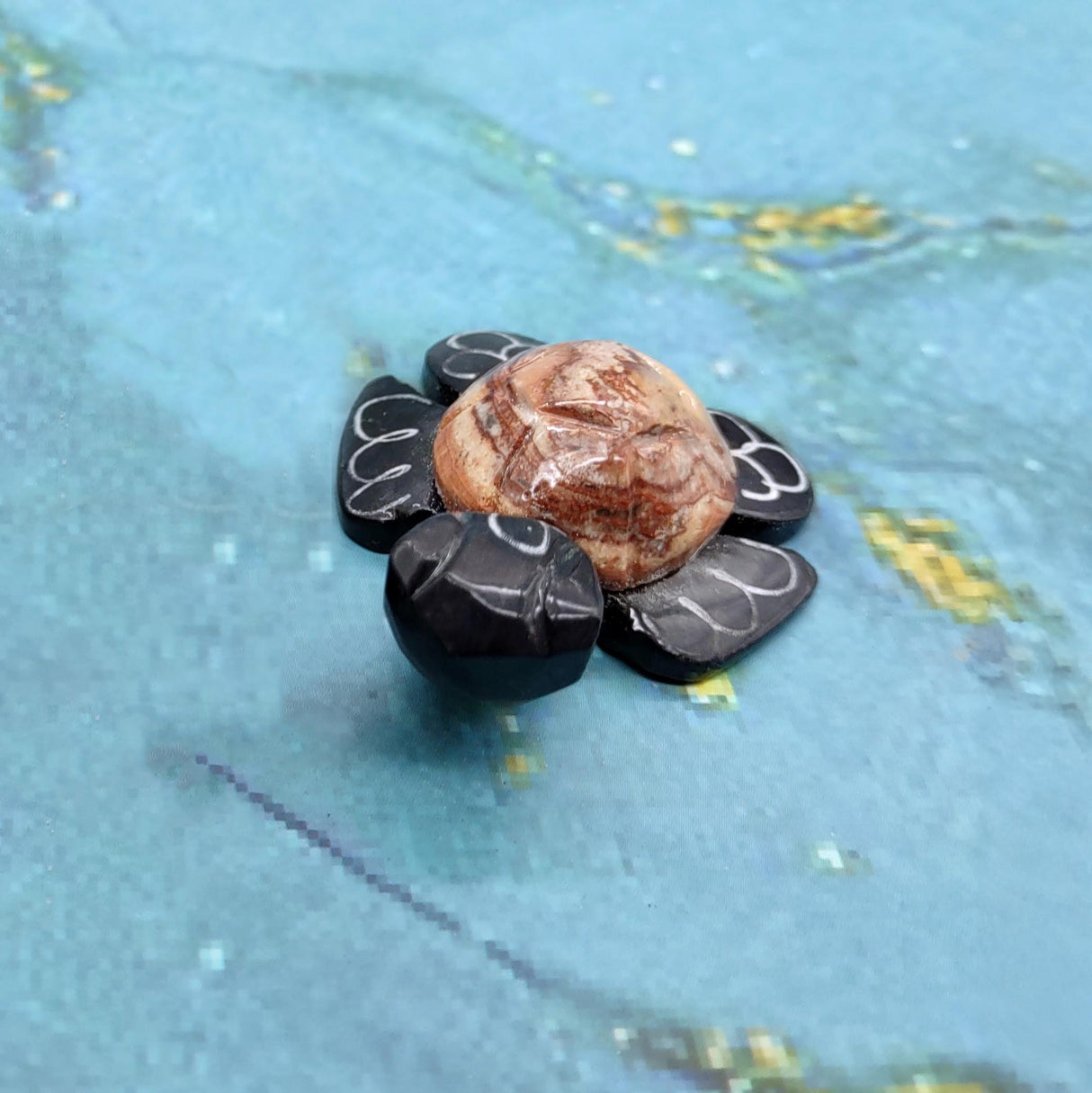 Natural Marble Stone Black Sea Turtle (1 stone figure approx. 2+ inches) Carved Marble Turtle Figurine for coastal home shelf decor!
