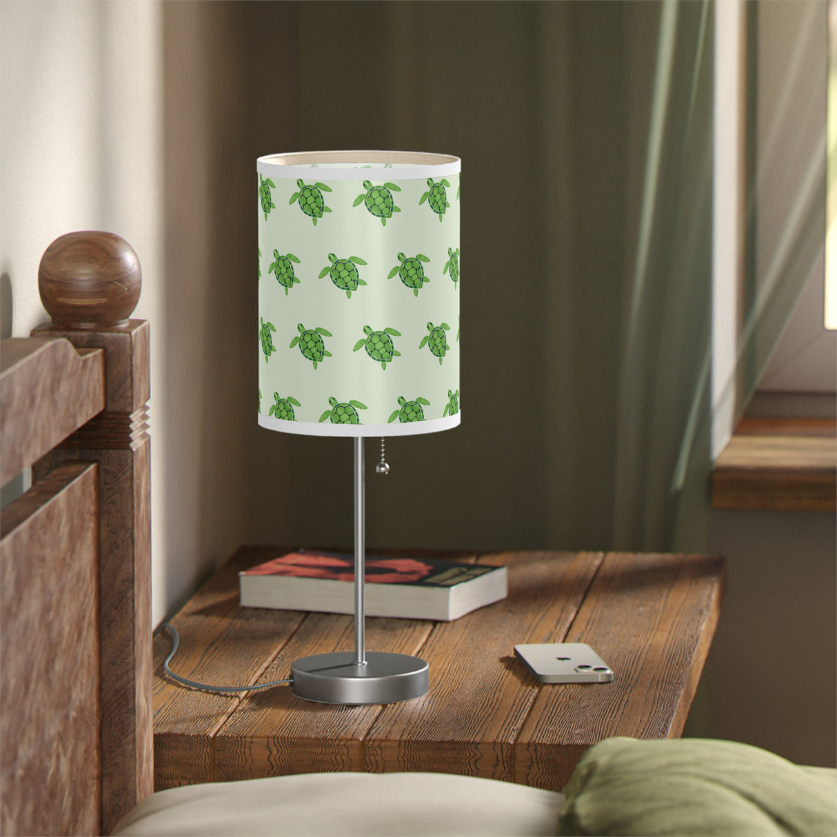 Green Sea Turtle Pattern Table Lamp, Nightstand Light, Sea Life Decor, Beach House Accent, Kid's Room Lighting