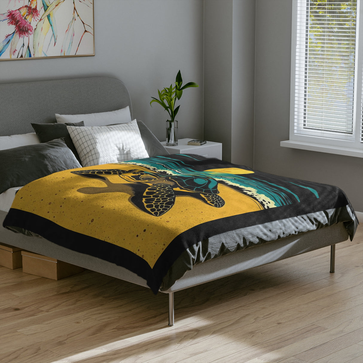 Black Gold Teal Sea Turtle-Themed Velveteen Microfiber Blanket - 3 Sizes