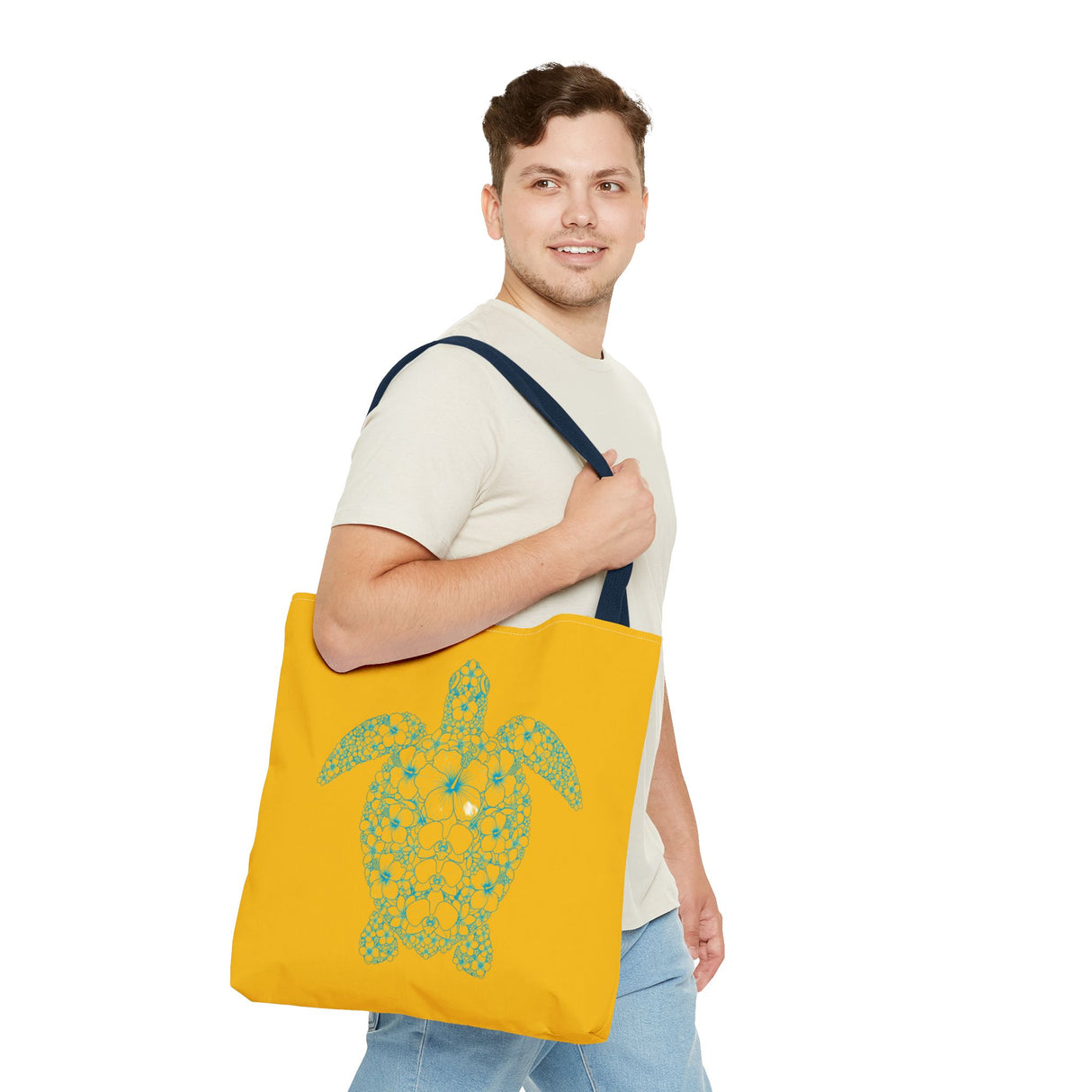 Gold and Teal Tropical Flower Sea Turtle Tote Bag, Eco-Friendly Shopping Bag, Summer Beach Bag, Animal Lover Gift, Cute Tote for Kids & Adults