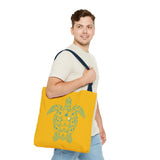 Gold and Teal Tropical Flower Sea Turtle Tote Bag, Eco-Friendly Shopping Bag, Summer Beach Bag, Animal Lover Gift, Cute Tote for Kids & Adults