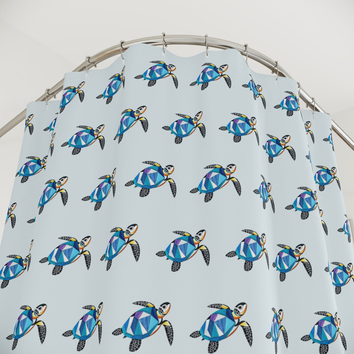 blue Stained Glass Style Sea Turtle Shower Curtains - Coastal Bathroom Decor