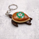 Green Hibiscus Painted Wooden Sea Turtle Keychain (1 keychain approx. 4.25+ inches) Wooden Sea Turtle Key Fob for gifting or party favors!