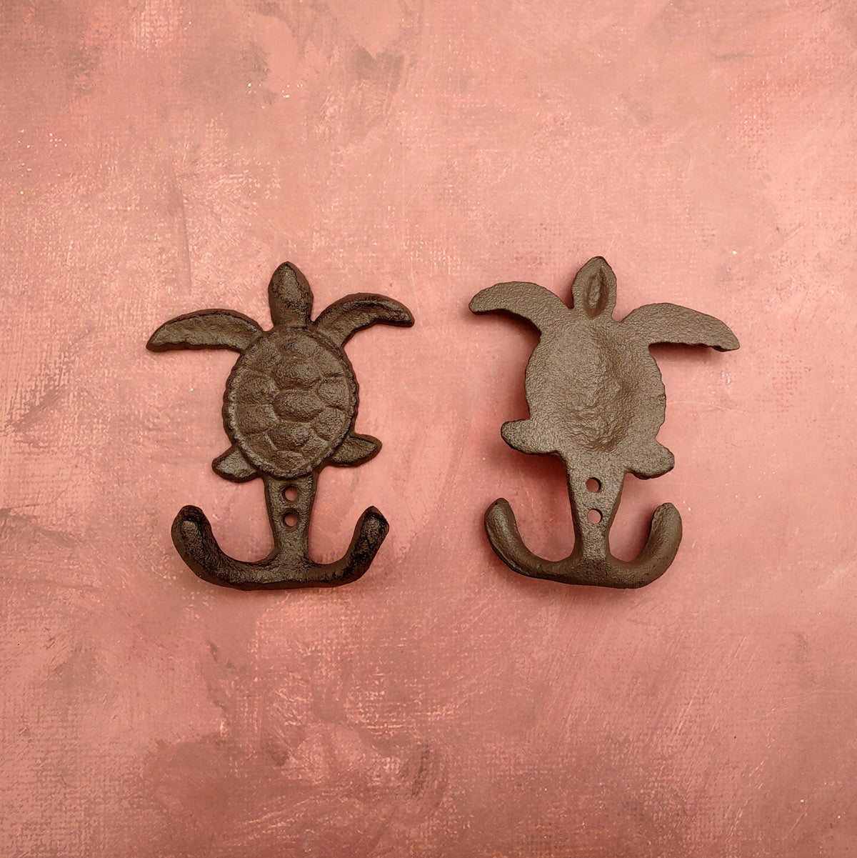 Cast Iron Sea Turtle Wall Hooks Brown Patina (1 metal hook approx. 4.75+ inches) Brown Sea Turtle Double Wall Hook for coastal decor!