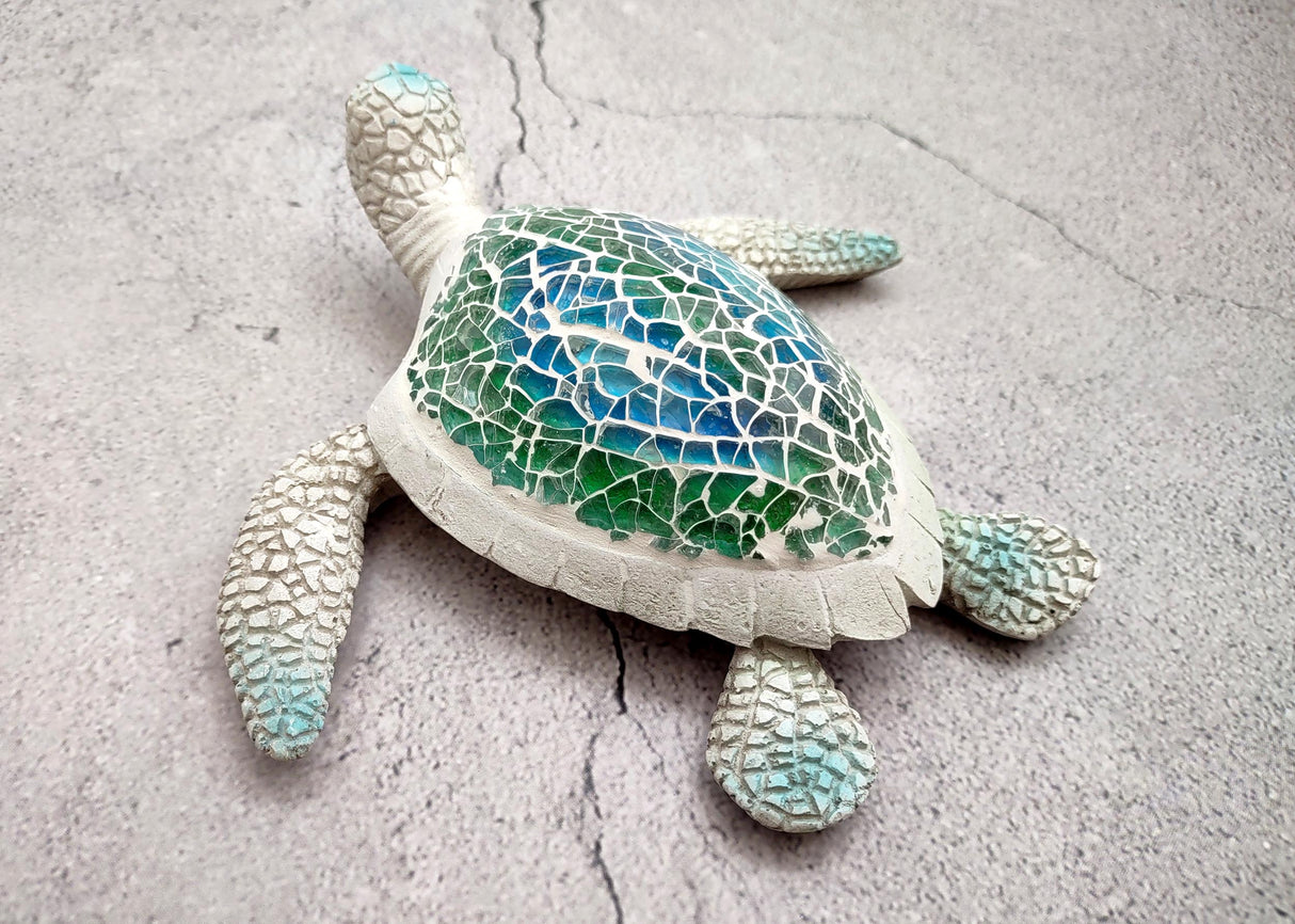 Sea Turtle Blue Green Glass Mosaic Shell Figurine (1 figure approx. 6.25+ inches long) Glass Mosaic Shell Sea Turtle Figure for home decor!