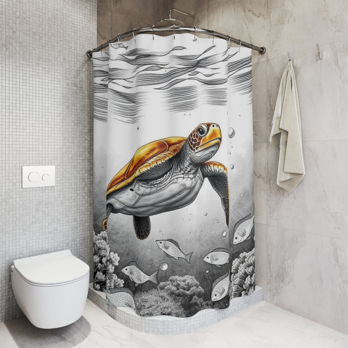 Brown Black n White Sea Turtle Shower Curtains - Coastal Bathroom Decor