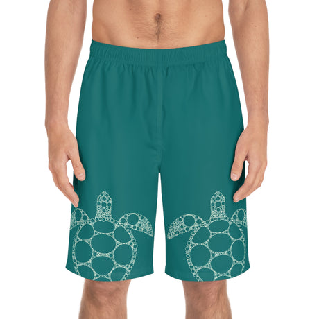 Teal Sea Turtle Print Men's Board Shorts