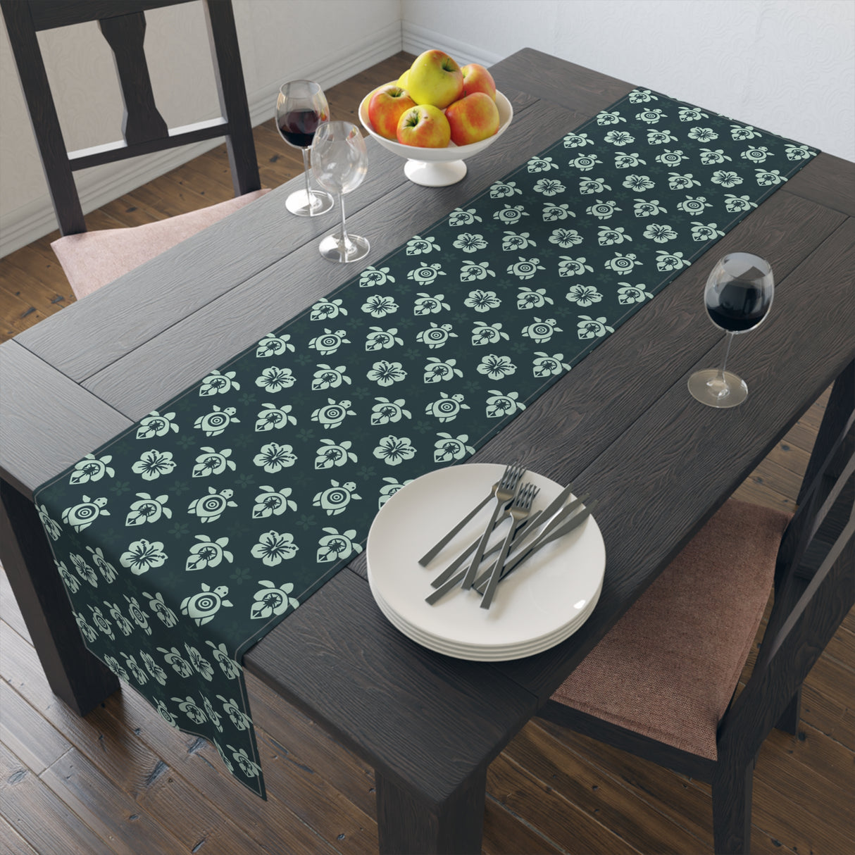 Dark Teal Sea Turtle and Floral Print Table Runner