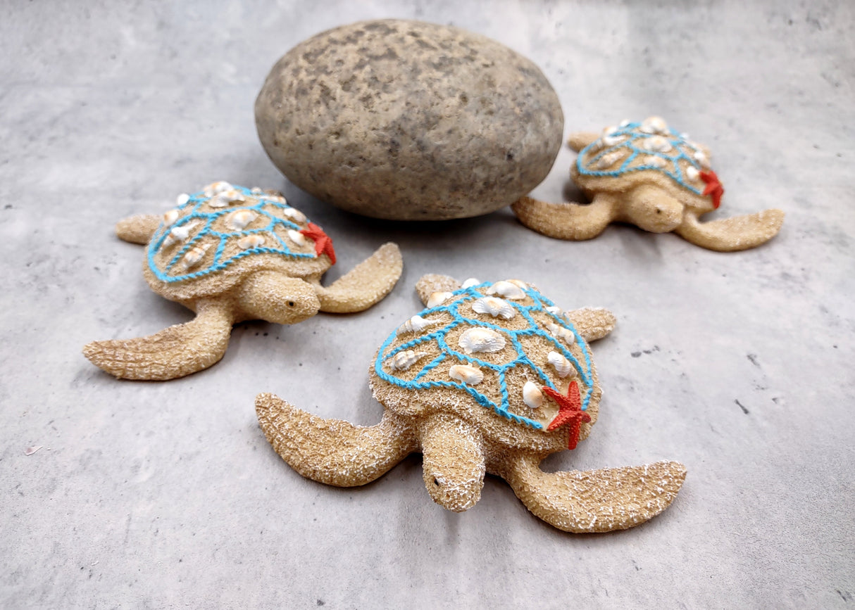 Sandy Sea Turtle Figure With Seashells Net Starfish (1 turtle approx. 5+ inches) Sand Texture Resin Cast Sea Turtle Figure for home decor!