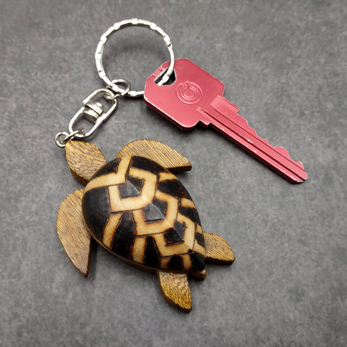 Natural Wood PIneapple Sea Turtle Keychain (1 key chain approx. 4+ inches) Wooden Pattern Sea Turtle Key Fob for gifts or decorative charm!