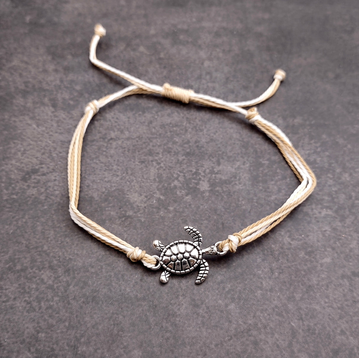 Sea Turtle Charm Bracelet Taupe Beige White Cord (approx. 5-7+ inches AROUND) Tan white Sea Turtle Cord Bracelet great for gifting!