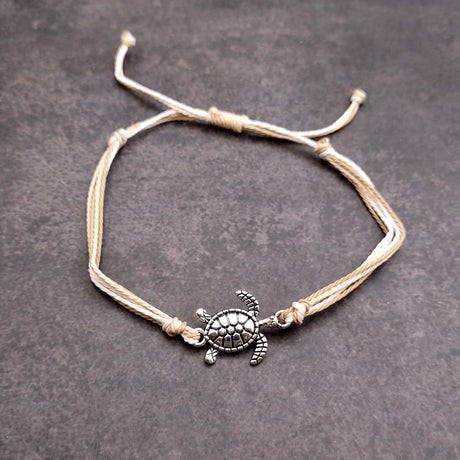 Sea Turtle Charm Bracelet Taupe Beige White Cord (approx. 5-7+ inches AROUND) Tan white Sea Turtle Cord Bracelet great for gifting!