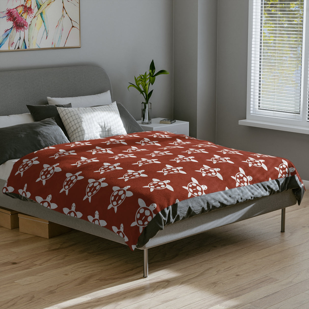 Burnt Orange and White Sea Turtle-Themed Velveteen Microfiber Blanket - 3 Sizes