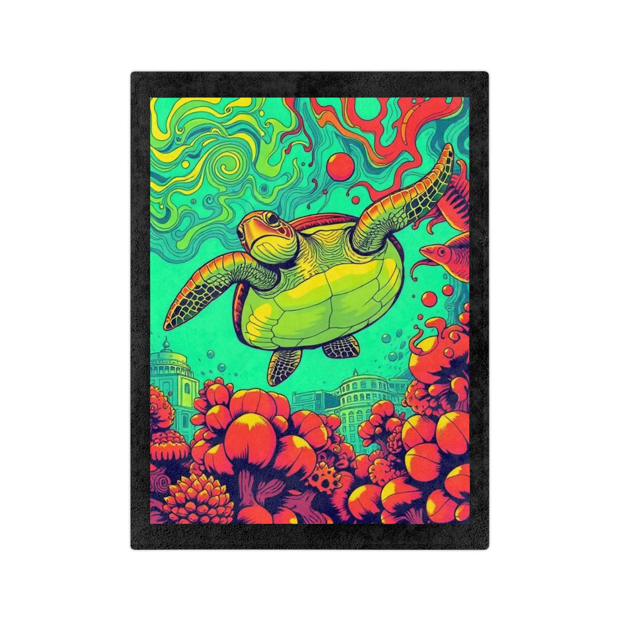 Colorful Sea Turtle Near Atlantis -Themed Velveteen Microfiber Blanket - 3 Sizes