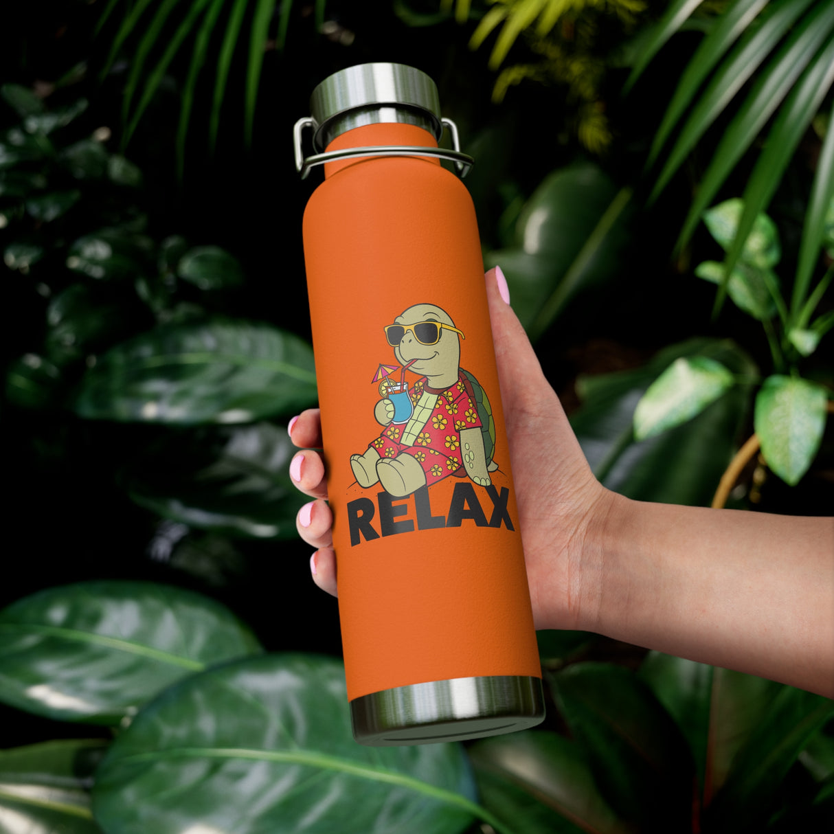 RELAX Cartoon Turtle Water Bottle 22oz - Cute Turtle Design, Insulated Drinkware for Summer, Beach Days, Gifts for Friends