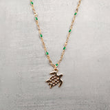 Sea Turtle Necklace Green Gold Color (1 necklace approx. 16+ inches AROUND) Gold Tone Green Sea Turtle charm necklace for gifting!