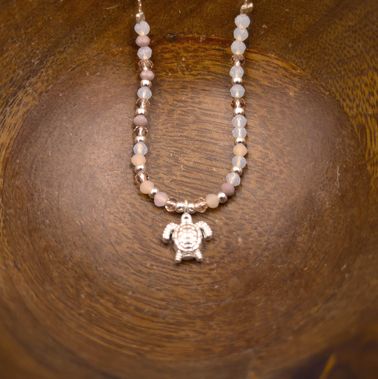 Sea Turtle Charm Necklace Pink Peach White Beads Silver Color (approx. 14+ inches AROUND) Sea Turtle Necklace Jewelry for seaside wear!