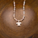 Sea Turtle Charm Necklace Pink Peach White Beads Silver Color (approx. 14+ inches AROUND) Sea Turtle Necklace Jewelry for seaside wear!