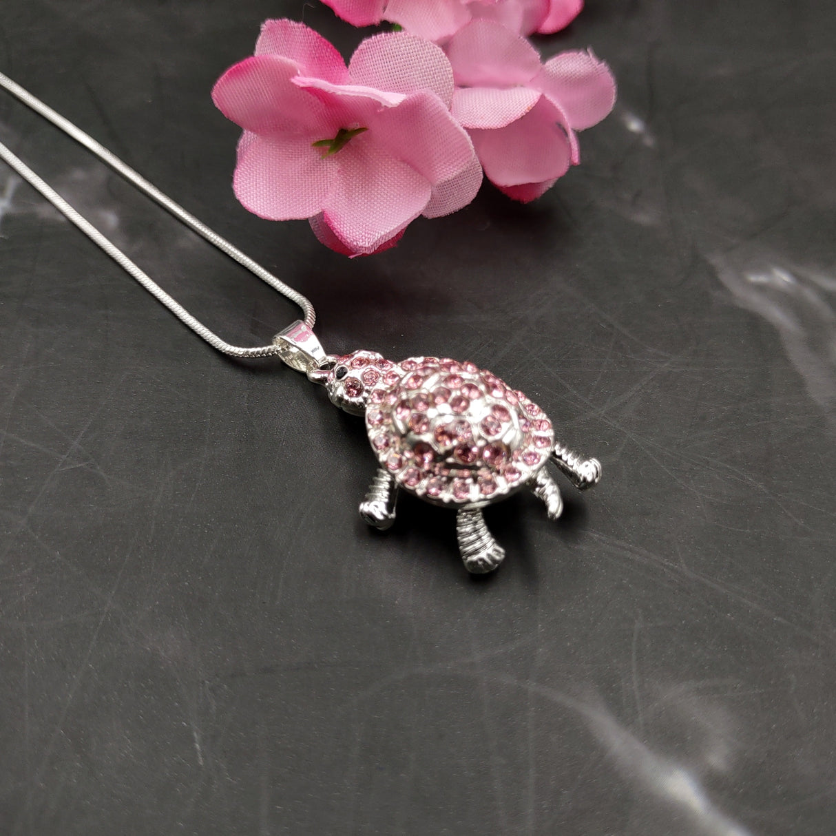 Pink Sea Turtle Necklace Silver Rhinestone Pendant (approx. 16+ inches AROUND) Colorful Sea Turtle Jewelry a gift for ocean life enthusiast!
