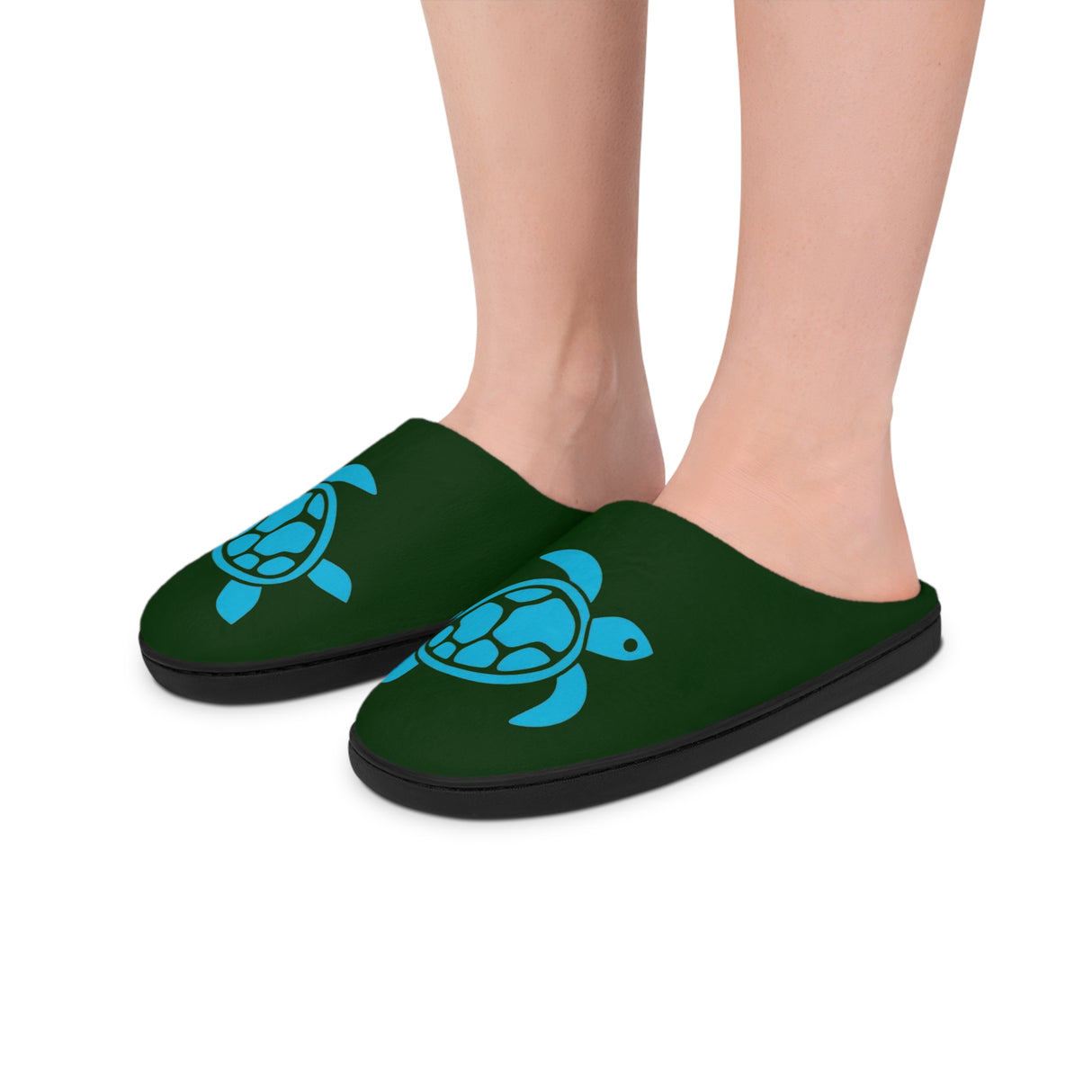Womens Dark Green Sea Turtle Print Indoor Slippers
