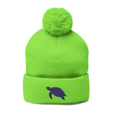 Cozy Pom-Pom Knit Cap with Purple Sea Turtle Embroidery - 4 colors available