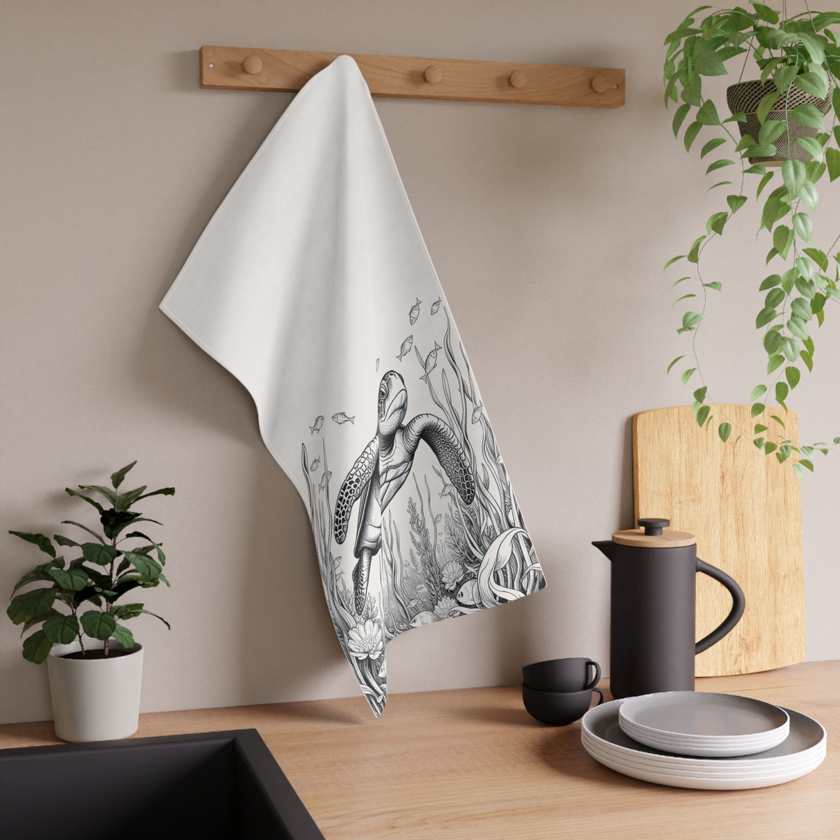 Black n White Sea Turtle Tea Towel (cotton, poly)