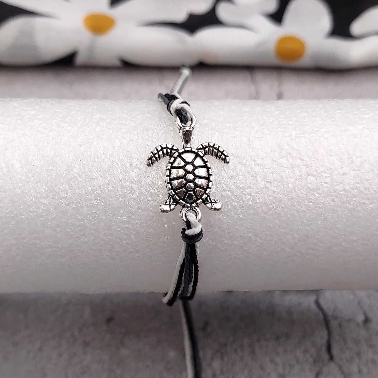 Sea Turtle Charm Bracelet Black Grey White Cord (approx. 5-7+ inches AROUND) Black Grey Sea Turtle String Bracelet Jewelry for gifting!
