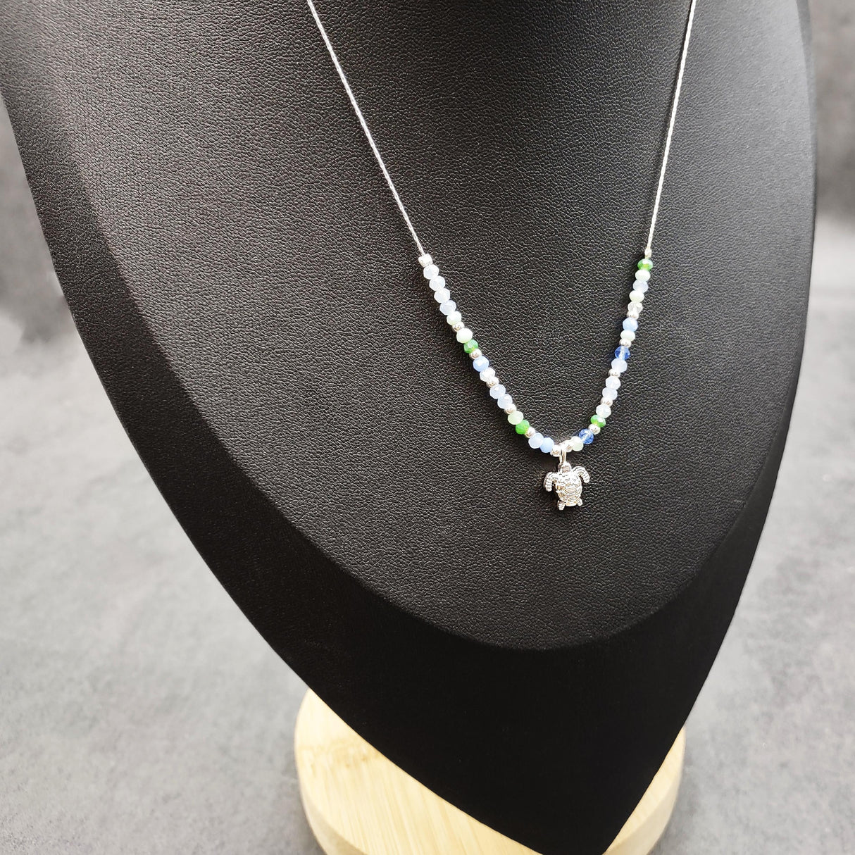 Sea Turtle Charm Necklace Blue Green White Beads Silver Color (approx. 14+ inches AROUND) Sea Turtle Necklace Jewelry for seaside wear!