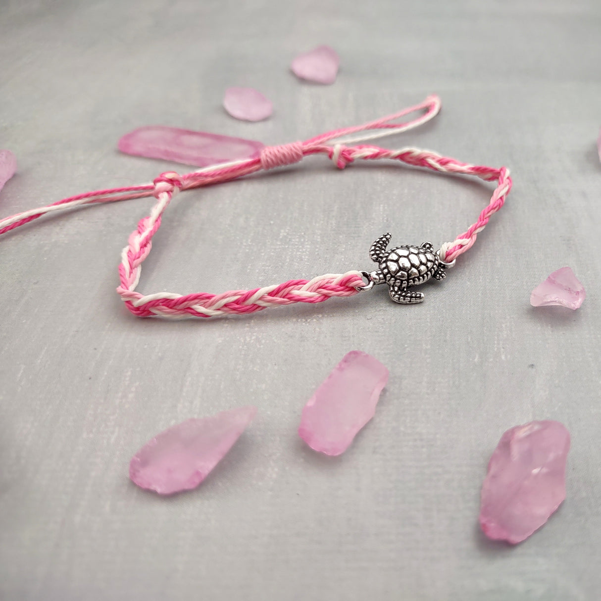 Sea Turtle Bracelet Braided Cord Magenta Pink White (approx. 5-7+ inches AROUND) Rose Blush White Knit String Sea Turtle Bracelet to gift!