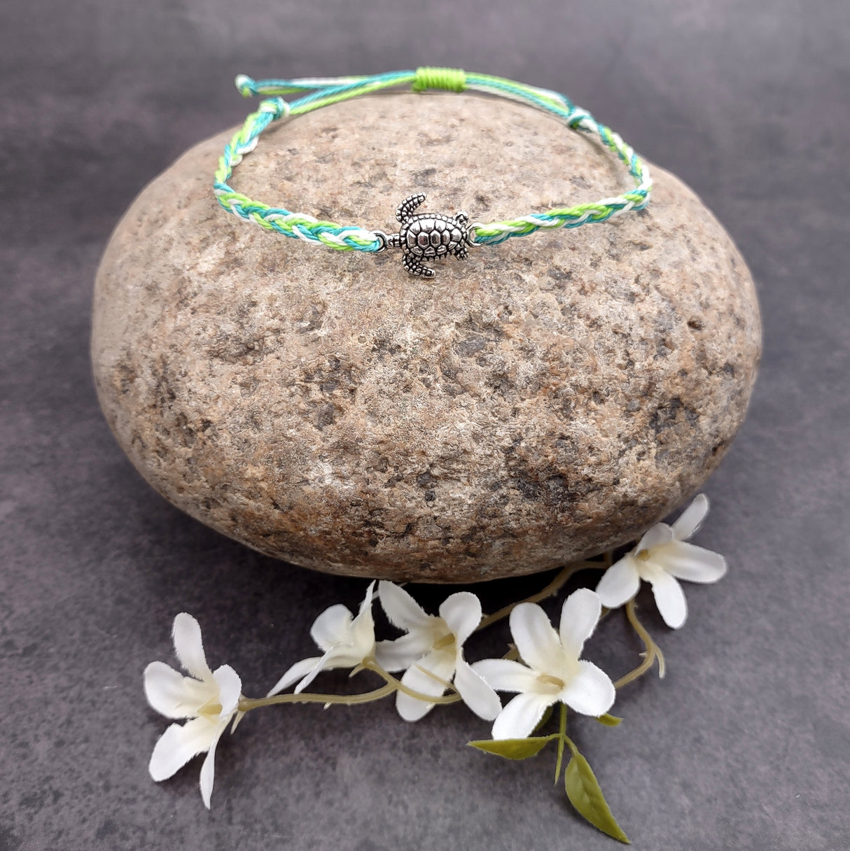 Sea Turtle Bracelet Braided Cord Teal Lime Green White (approx. 5-7+ inches AROUND) Aqua Green White String Sea Turtle Bracelet to gift!