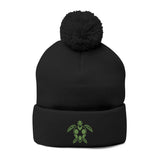 Cozy Pom-Pom Knit Cap with Green Sea Turtle Embroidery