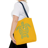 Gold and Teal Tropical Flower Sea Turtle Tote Bag, Eco-Friendly Shopping Bag, Summer Beach Bag, Animal Lover Gift, Cute Tote for Kids & Adults