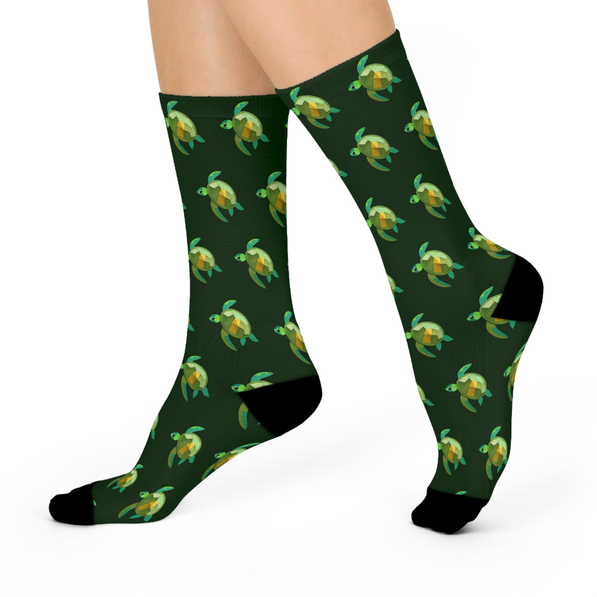 Dark Green Geopattern Sea Turtle Cushioned Crew Socks