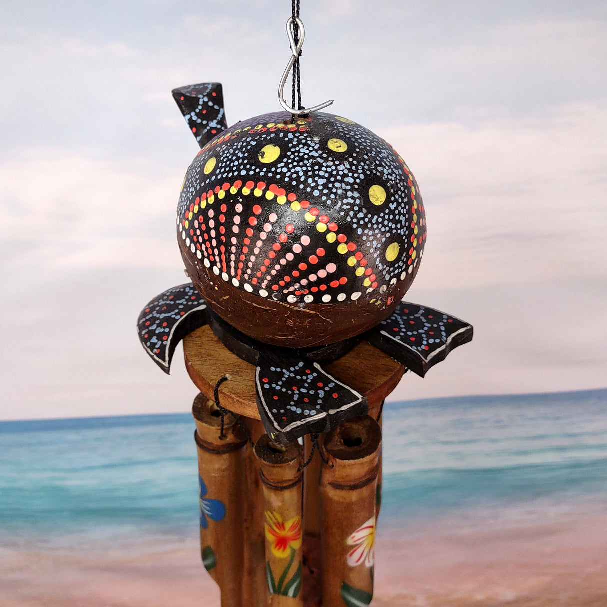 Painted Coconut Sea Turtle Bamboo Windchime Blue Dot (1 chime approx. 30 x 5 inches) Hanging Painted Sea Turtle Chime for patio decor!