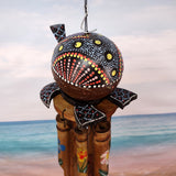 Painted Coconut Sea Turtle Bamboo Windchime Blue Dot (1 chime approx. 30 x 5 inches) Hanging Painted Sea Turtle Chime for patio decor!