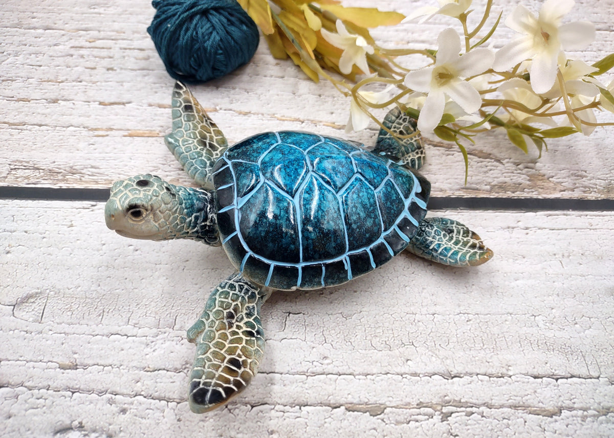 Blue Sea Turtle Figurine Painted Resin (1 turtle approx. 5.75+ inches long) Blue Painted Resin Sea Turtle Figure for coastal home decor!