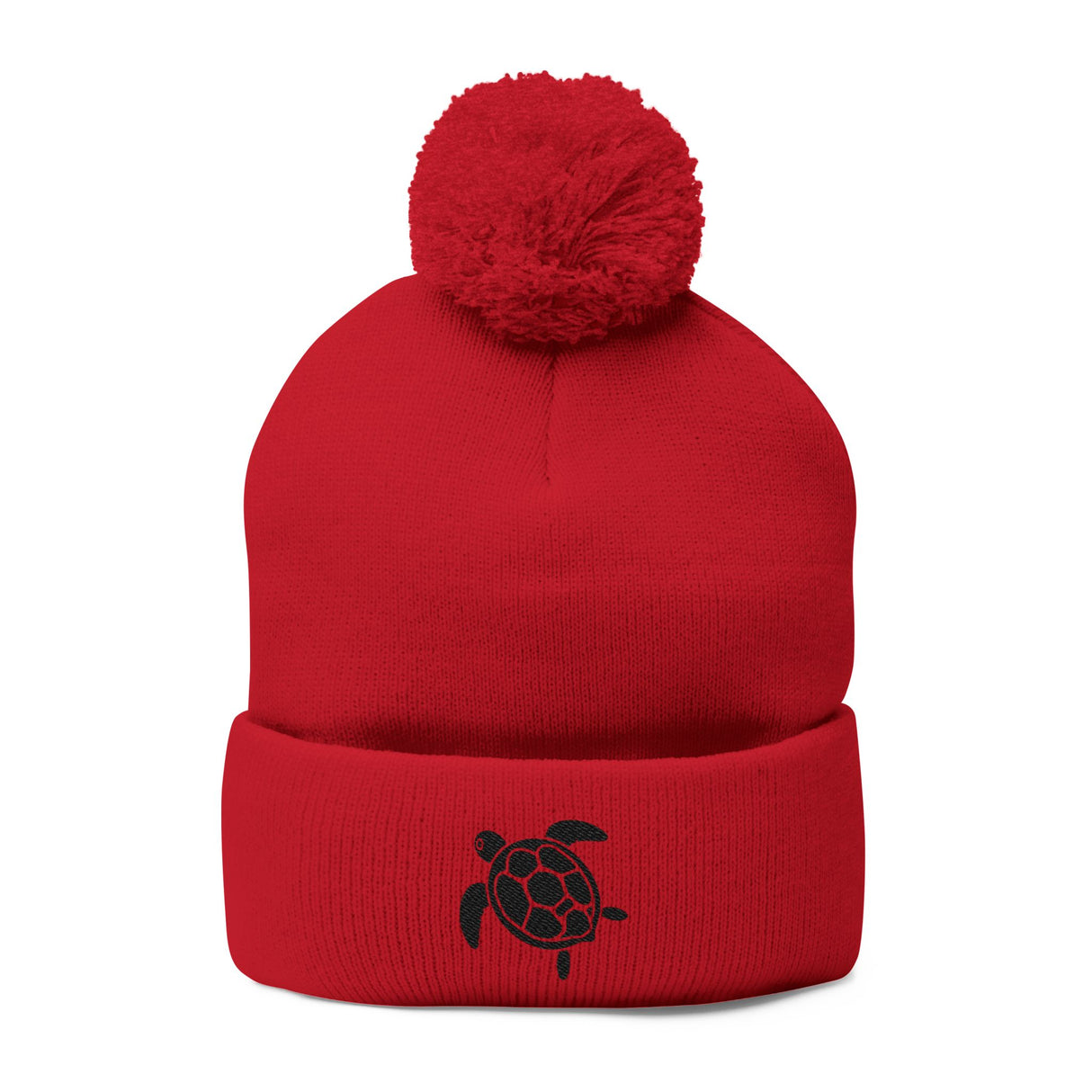 Cozy Pom-Pom Knit Cap with Black Sea Turtle Embroidery - 5 colors