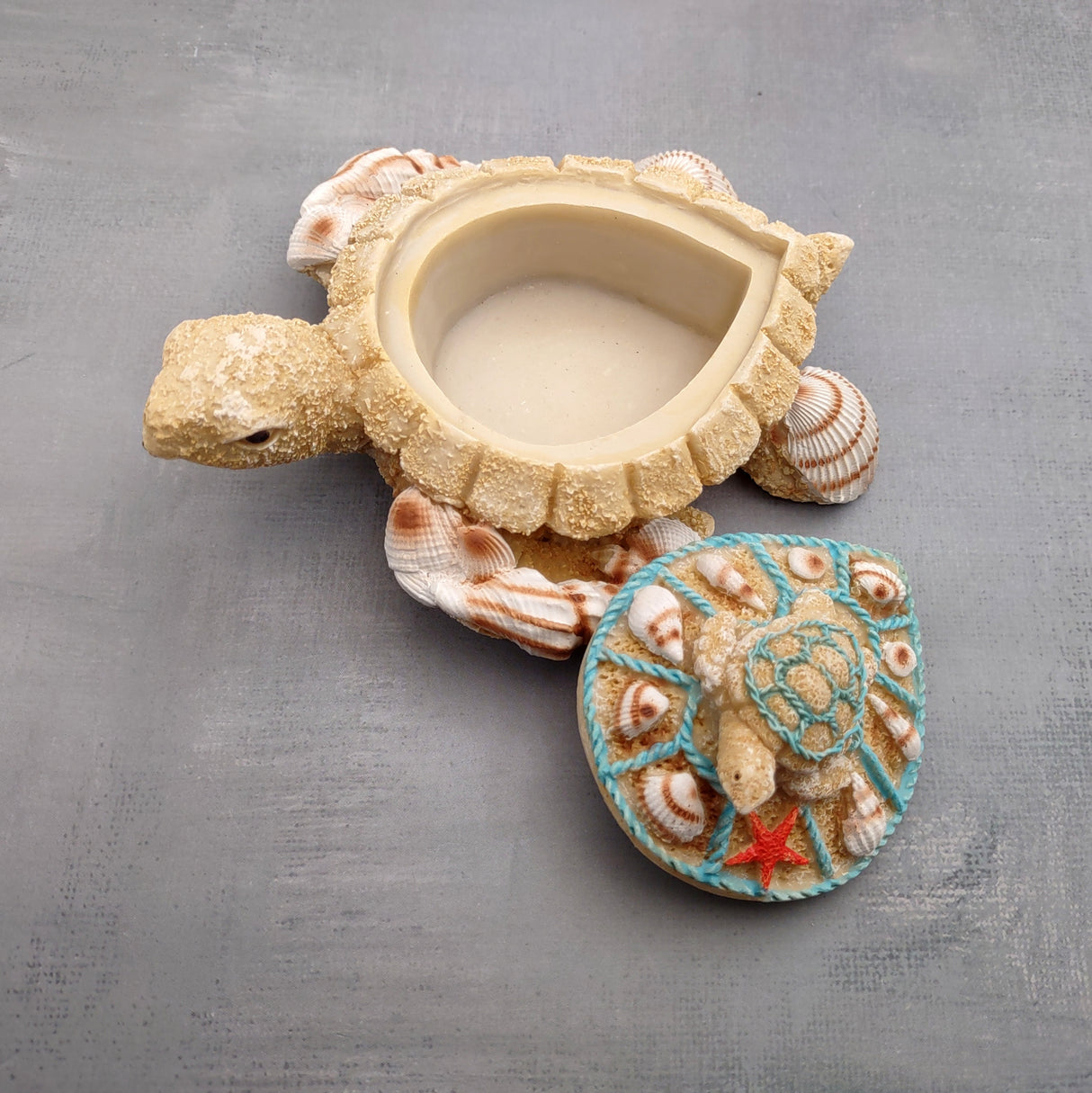 Sandy Sea Turtle With Baby Trinket Box (1 ring box approx. 4+ inches) Sandy Shell Resin Sea Turtle Keepsake Box for coastal home décor!