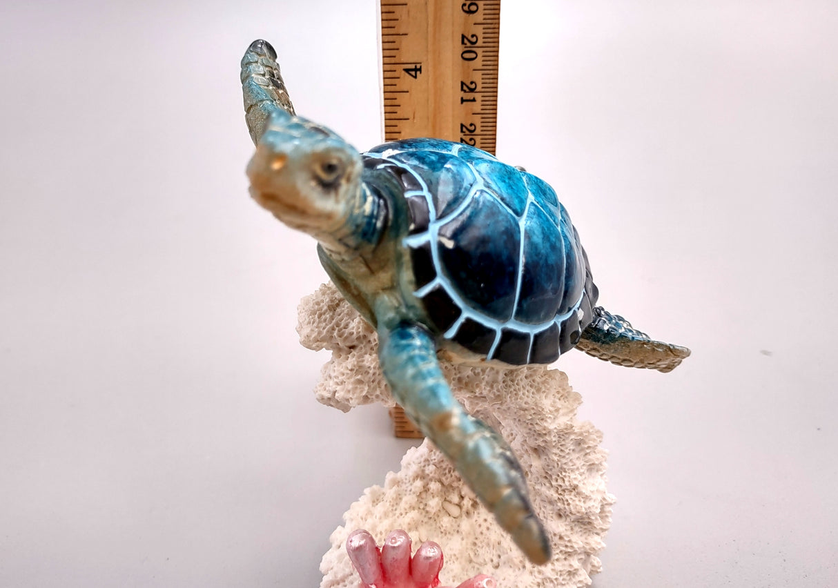 Blue Sea Turtle Figurine on Coral Painted Resin (1 turtle approx. 5+ inches) Blue Painted Resin Turtle on Coral for coastal home décor!