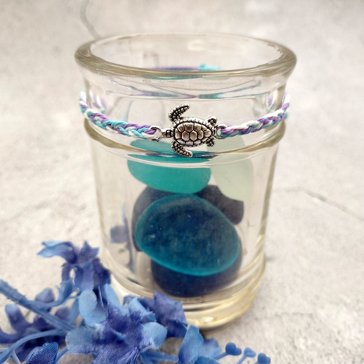 Sea Turtle Bracelet Braided Cord Light Blue Purple White (approx. 5-7+ inches AROUND) Blue Purple String Sea Turtle Bracelet to gift!