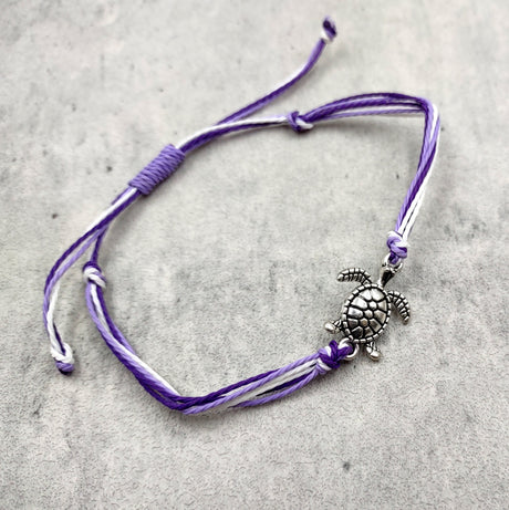 Sea Turtle Charm Bracelet Lavender Purple White Cord (approx. 5-7+ inches AROUND) Purple Sea Turtle String Bracelet Jewelry for gifting!